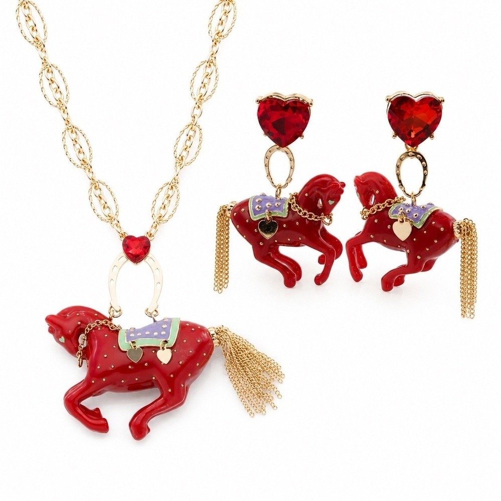 NWT Betsey Johnson Year of the Horse Set - Pendant Necklace & Earrings Red Gold